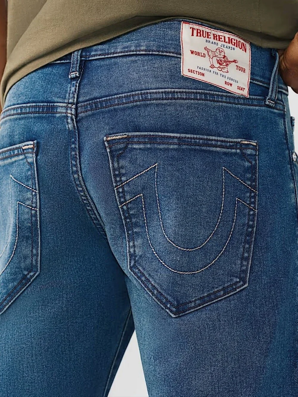 True Religion Ricky RIP Repair Straight Jeans- Medium Blue Comet Wash